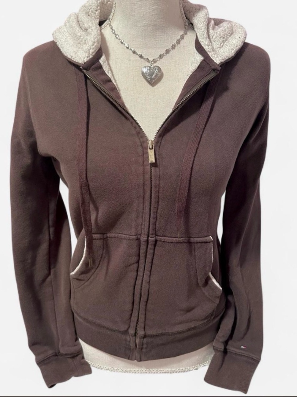 Tommy Hilfiger Brown Zip-Up Hoodie with Cream Sherpa Lining